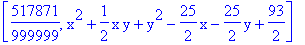[517871/999999, x^2+1/2*x*y+y^2-25/2*x-25/2*y+93/2]